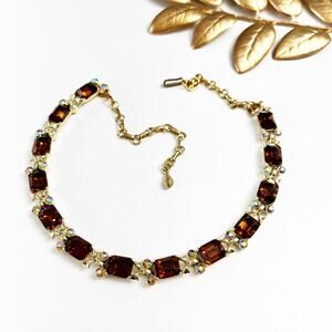 Vintage Amber Colored Glass Stone & Aurora Borealis Necklace